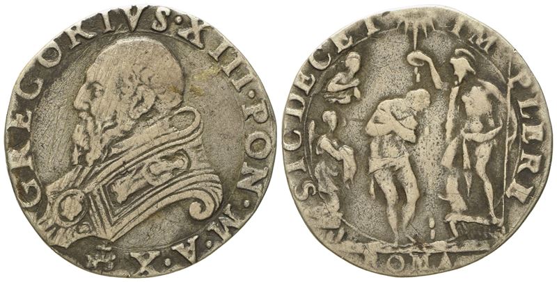 Stato Pontificio. Roma. Gregorio XIII (1572 - 1585). Testone "battesimo". Ag (7,68 G; 28,1 MM)