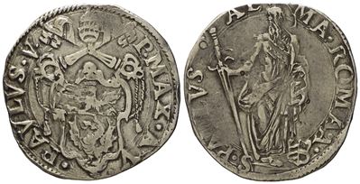 Stato Pontificio. Roma. Paolo V (1605 - 1621). Testone, Anno V. Ag (9,4 G; 29,6 MM)