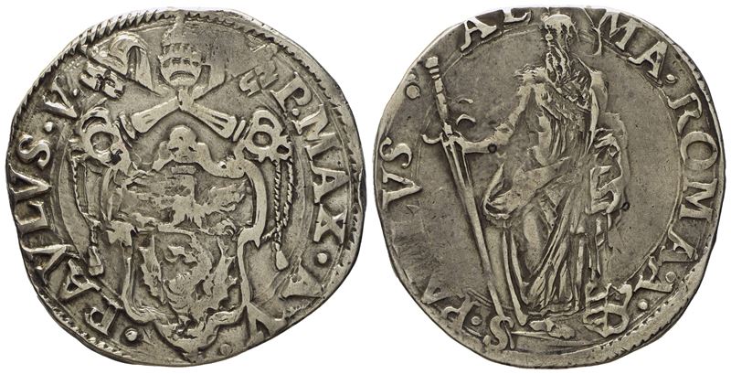 Stato Pontificio. Roma. Paolo V (1605 - 1621). Testone, Anno V. Ag (9,4 G; 29,6 MM)