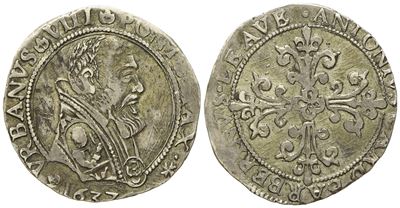 Stato Pontificio. Avignone. Urbano VIII (1623 - 1644). Mezzo Franco 1637. Ag (6,56 G; 27,8 MM)