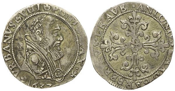 STATO PONTIFICIO. Avignone. Urbano VIII (1623 - 1644). Mezzo franco 1637. Ag (6,56 g; 27,8 mm)  - Auction Modern Coins - Bertolami Fine Art - Casa d'Aste