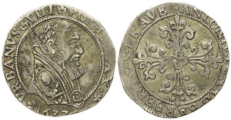 Stato Pontificio. Avignone. Urbano VIII (1623 - 1644). Mezzo Franco 1637. Ag (6,56 G; 27,8 MM)