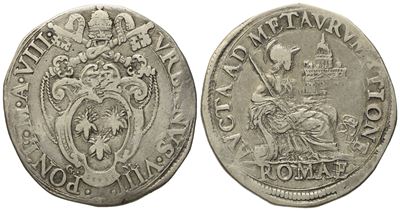 Stato Pontificio. Roma. Urbano VIII (1623 - 1644). Testone, Anno VIII. Ag (9,52 G; 30,04 MM)