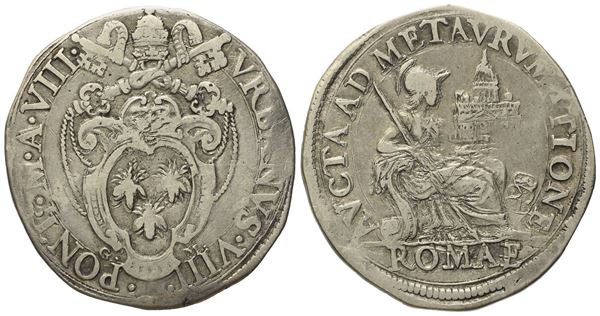 STATO PONTIFICIO. Roma. Urbano VIII (1623 - 1644). Testone, Anno VIII. Ag (9,52 g; 30,04 mm) 