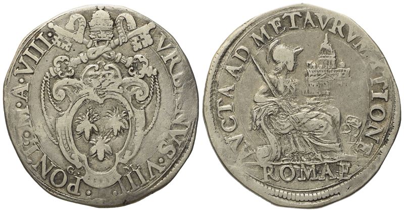 Stato Pontificio. Roma. Urbano VIII (1623 - 1644). Testone, Anno VIII. Ag (9,52 G; 30,04 MM)