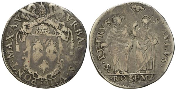 STATO PONTIFICIO. Roma. Urbano VIII (1623 - 1644). Testone, anno V. Ag (9,38 g; 29,5 mm)  - Asta Monete e medaglie medievali e moderne italiane ed estere - Bertolami Fine Art - Casa d'Aste