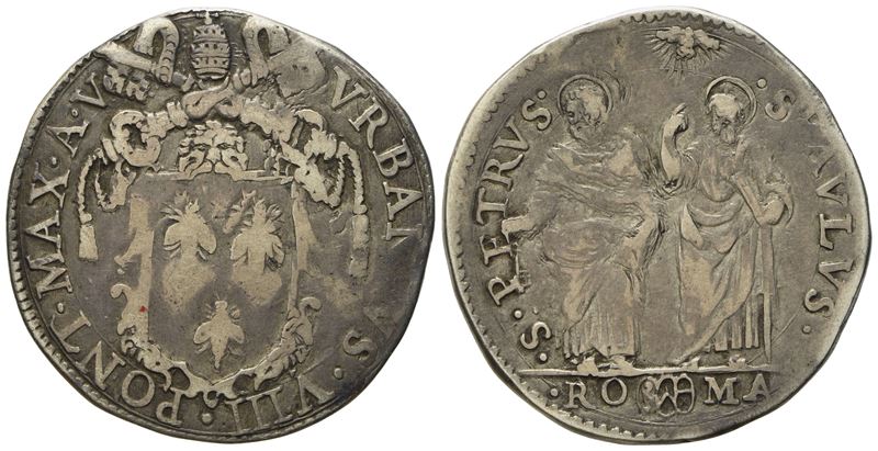 Stato Pontificio. Roma. Urbano VIII (1623 - 1644). Testone, Anno V. Ag (9,38 G; 29,5 MM)
