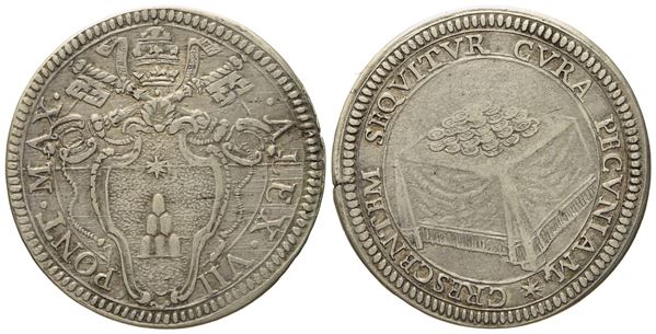 STATO PONTIFICIO. Roma. Alessandro VII (1655 - 1667). Giulio "Tavolo con cumulo di monete". Ag (3,14 g; 26,1 mm)  - Asta Monete e medaglie medievali e moderne italiane ed estere - Bertolami Fine Art - Casa d'Aste