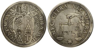Stato Pontificio. Roma. Alessandro VII (1655 - 1667). Testone "bilancia". Ag (9,33 G; 30,8 MM)