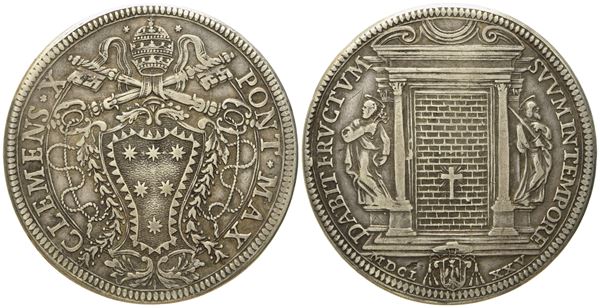 STATO PONTIFICIO. Roma. Clemente X (1670 - 1676). Piastra 1675 "Giubileo, chiusura porta santa". Ag (31,48 g; 44,2 mm)