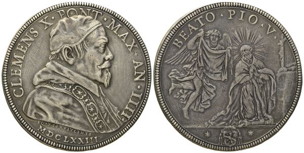 STATO PONTIFICIO. Roma. Clemente X (1670 - 1676). Piastra 1673 "Beatificazione Pio V". Ag (31,24 g; 43,8 mm)  - Asta Monete e medaglie medievali e moderne italiane ed estere - Bertolami Fine Art - Casa d'Aste