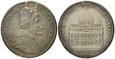 Stato Pontificio. Roma. Innocenzo XI (1676 - 1689). Piastra, Anno II "basilica di San Pietro". Ag...