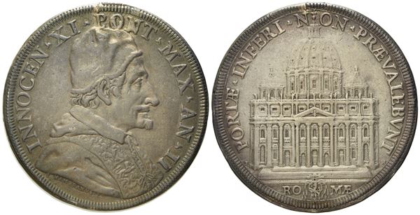 STATO PONTIFICIO. Roma. Innocenzo XI (1676 - 1689). Piastra, anno II "Basilica di San Pietro". Ag (31,76 g; 4,44 mm)  - Asta Monete e medaglie medievali e moderne italiane ed estere - Bertolami Fine Art - Casa d'Aste