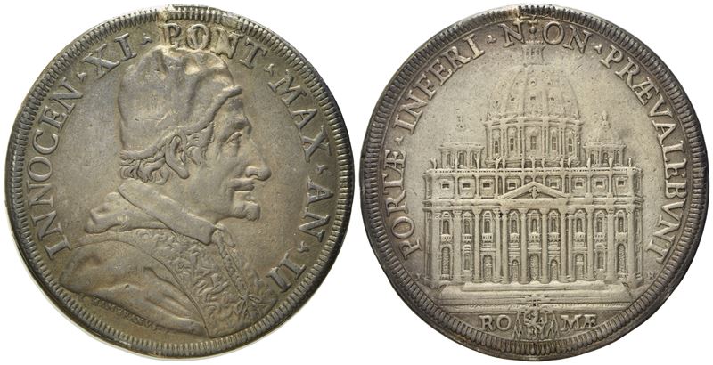 Stato Pontificio. Roma. Innocenzo XI (1676 - 1689). Piastra, Anno II "basilica di San Pietro". Ag...
