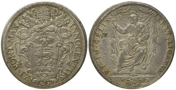 STATO PONTIFICIO. Roma. Innocenzo XI (1676 - 1689). Piastra 1681 "San Pietro seduto benedicente". Ag (31,75 g; 44,3 mm)  - Asta Monete e medaglie medievali e moderne italiane ed estere - Bertolami Fine Art - Casa d'Aste