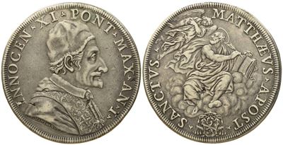Stato Pontificio. Roma. Innocenzo XI (1676 - 1689). Piastra, Anno i "san Matteo". Ag (31,58 G; 44...