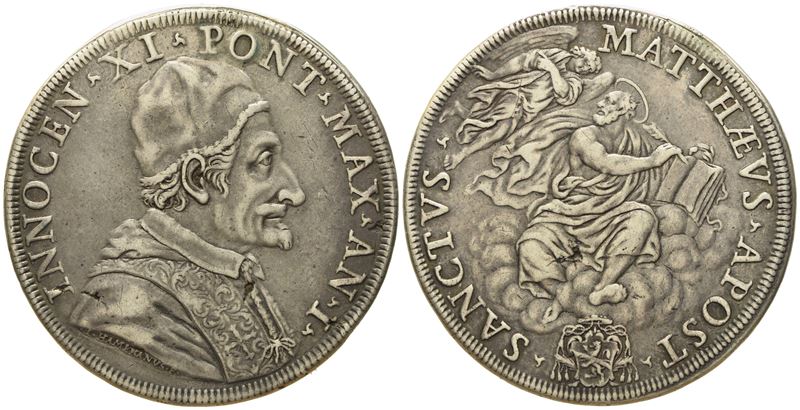 Stato Pontificio. Roma. Innocenzo XI (1676 - 1689). Piastra, Anno i "san Matteo". Ag (31,58 G; 44...
