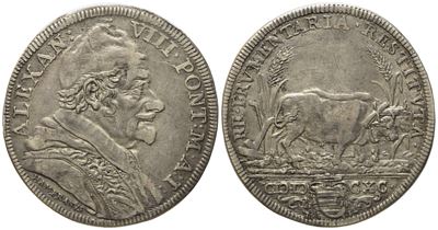 Stato Pontificio. Roma. Alessandro VIII (1689 - 1691). Testone 1690 "buoi con Aratro". Ag (9,02 G...