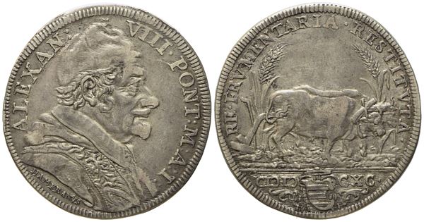 STATO PONTIFICIO. Roma. Alessandro VIII (1689 - 1691). Testone 1690 "Buoi con aratro". Ag (9,02 g; 32,3 mm)