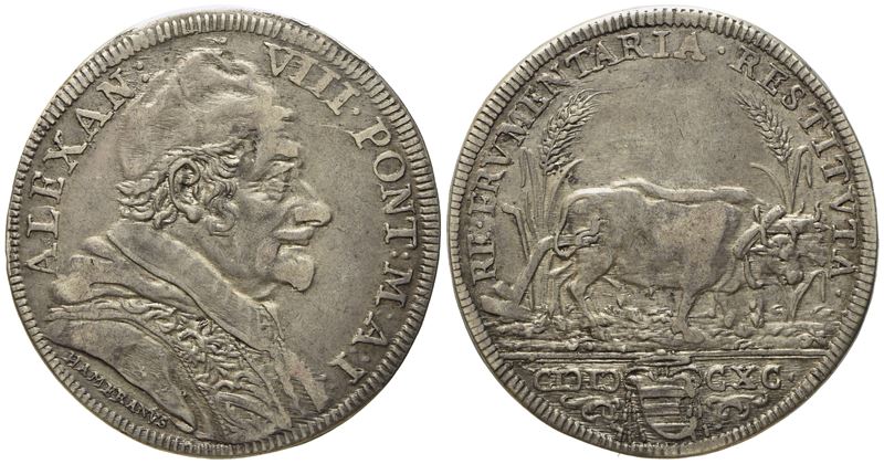 Stato Pontificio. Roma. Alessandro VIII (1689 - 1691). Testone 1690 "buoi con Aratro". Ag (9,02 G...