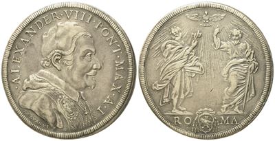 Stato Pontificio. Roma. Alessandro VIII (1689 - 1691). Piastra, Anno i 'ss Pietro e Paolo'. Ag (3...