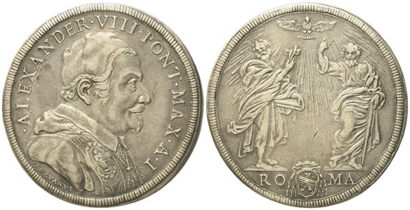 STATO PONTIFICIO. Roma. Alessandro VIII (1689 - 1691). Piastra, anno I "SS Pietro e Paolo". Ag (31,82 g; 44,7 mm)  - Auction Modern Coins - Bertolami Fine Art - Casa d'Aste