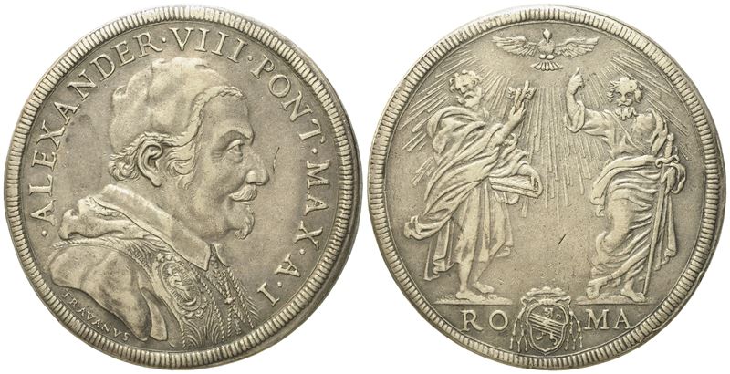 Stato Pontificio. Roma. Alessandro VIII (1689 - 1691). Piastra, Anno i 'ss Pietro e Paolo'. Ag (3...