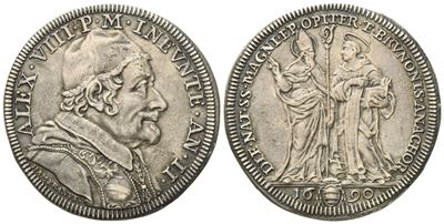 Stato Pontificio. Roma. Alessandro VIII (1689 - 1691). Testone 1690 "ss Magno e Brunone". Ag (8,9...