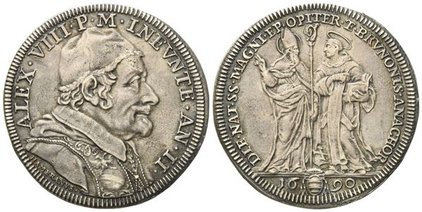 STATO PONTIFICIO. Roma. Alessandro VIII (1689 - 1691). Testone 1690 "SS Magno e Brunone". Ag (8,92 g; 32,2 mm)  - Auction Modern Coins - Bertolami Fine Art - Casa d'Aste