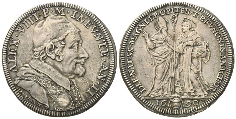 Stato Pontificio. Roma. Alessandro VIII (1689 - 1691). Testone 1690 "ss Magno e Brunone". Ag (8,9...
