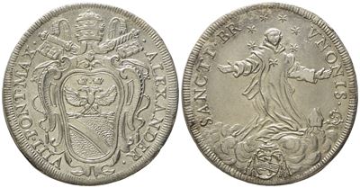Stato Pontificio. Roma. Alessandro VIII (1689 - 1691). Testone 1690 "san Brunone". Ag (9,05 G; 32...
