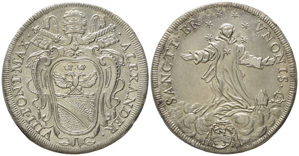 STATO PONTIFICIO. Roma. Alessandro VIII (1689 - 1691). Testone 1690 "San Brunone". Ag (9,05 g; 32,1 mm)