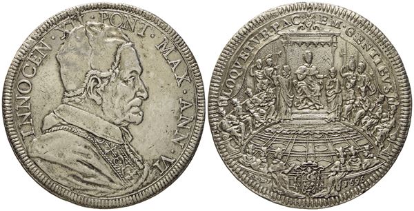 STATO PONTIFICIO. Roma. Innocenzo XII (1691 - 1700). Piastra 1696 "Concistoro". Ag (31,61 g; 45,7 mm)  - Auction Modern Coins - Bertolami Fine Art - Casa d'Aste