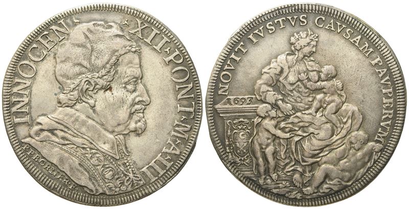 Stato Pontificio. Roma. Innocenzo XII (1691 - 1700). Piastra 1693 "allegoria della Carità". Ag (3...