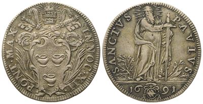 Stato Pontificio. Roma. Innocenzo XII (1691 - 1700). Giulio 1691 "san Paolo". Ag (2,97 G; 25,2 MM...