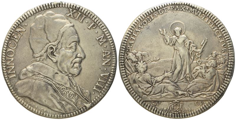 Stato Pontificio. Roma. Innocenzo XII (1691 - 1700). Piastra 1698 "san Pietro". Ag (31,54 G; 45 M...