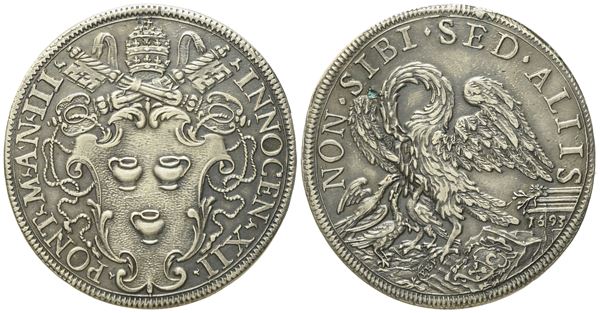 STATO PONTIFICIO. Roma. Innocenzo XII (1691 - 1700). Mezza piastra 1693 "Pellicano". Ag (15,96 g; 37,3 mm)  - Auction Modern Coins - Bertolami Fine Art - Casa d'Aste