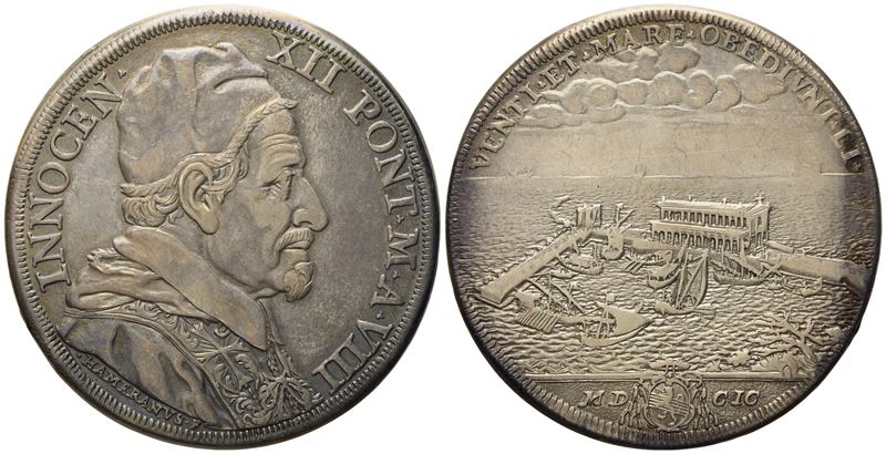 Stato Pontificio. Roma. Innocenzo XII (1691 - 1700). Piastra 1699 "porto di Anzio". Ag (31,42 G; ...