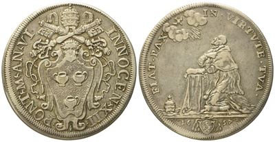 Stato Pontificio. Roma. Innocenzo XII (1691 - 1700). Mezza Piastra 1697 "papa Inginocchiato". Ag ...