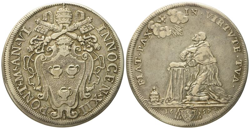 Stato Pontificio. Roma. Innocenzo XII (1691 - 1700). Mezza Piastra 1697 "papa Inginocchiato". Ag ...