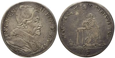 Stato Pontificio. Roma. Innocenzo XII (1691 - 1700). Mezza Piastra, Anno Vi "papa Inginocchiato"....