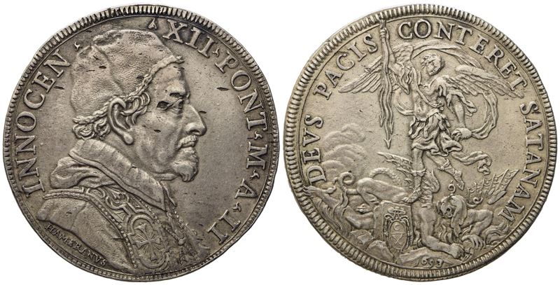 Stato Pontificio. Roma. Innocenzo XII (1691 - 1700). Piastra 1693 "san Michele Arcangelo". Ag (31...