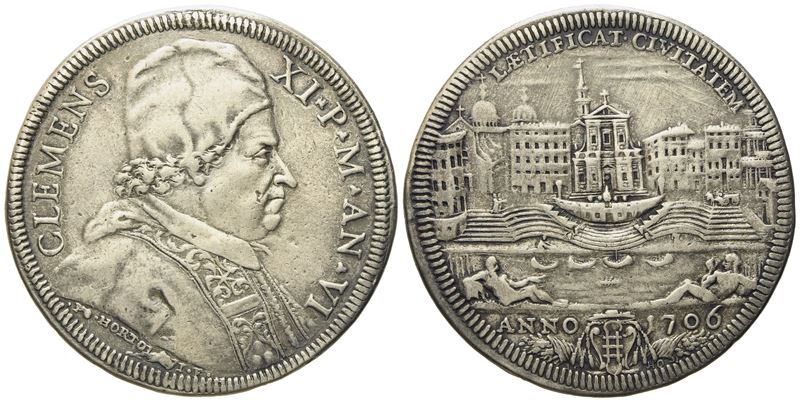 Stato Pontificio. Roma. Clemente XI (1700 - 1721). Mezza Piastra 1706 "porto di Ripetta". Ag (15,...