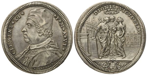 STATO PONTIFICIO. Roma. Clemente XI (1700 - 1721). Testone anno VI "Le tre allegorie". Ag (9,1 g; 33,3 mm)  - Asta Monete e medaglie medievali e moderne italiane ed estere - Bertolami Fine Art - Casa d'Aste