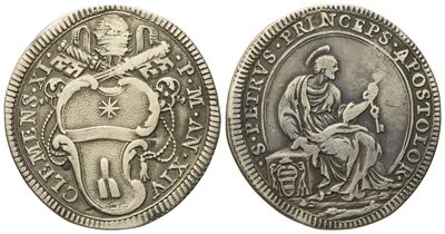 Stato Pontificio. Roma. Clemente XI (1700 - 1721). Giulio, Anno XIV "san Pietro". Ag (2,91 G; 24,...