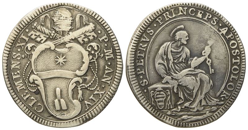 Stato Pontificio. Roma. Clemente XI (1700 - 1721). Giulio, Anno XIV "san Pietro". Ag (2,91 G; 24,...