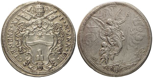 STATO PONTIFICIO. Roma. Clemente XI (1700 - 1721). Mezza piastra, anno VII "Tobia e l'angelo". Ag (15,81 g; 38,1 mm)  - Asta Monete e medaglie medievali e moderne italiane ed estere - Bertolami Fine Art - Casa d'Aste