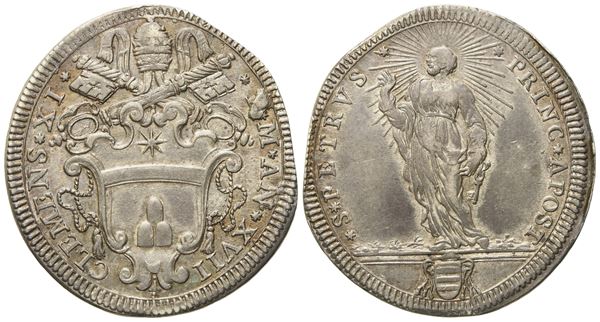 STATO PONTIFICIO. Roma. Clemente XI (1700 - 1721). Testone, anno XVII "San Pietro". Ag (8,92 g; 31,6 mm)