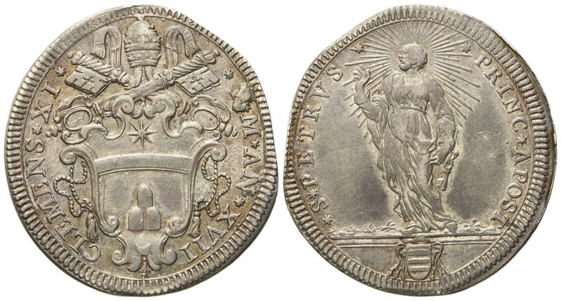 Stato Pontificio. Roma. Clemente XI (1700 - 1721). Testone, Anno XVII "san Pietro". Ag (8,92 G; 3...