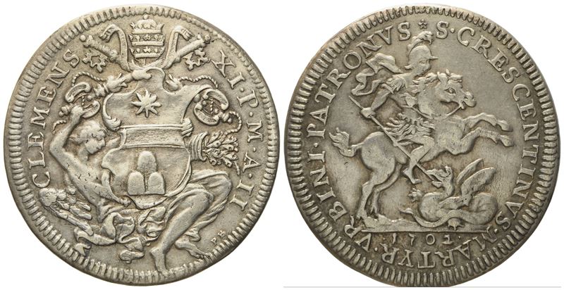 Stato Pontificio. Roma. Clemente XI (1700 - 1721). Mezza Piastra 1702 "san Crescentino". Ag (15,7...